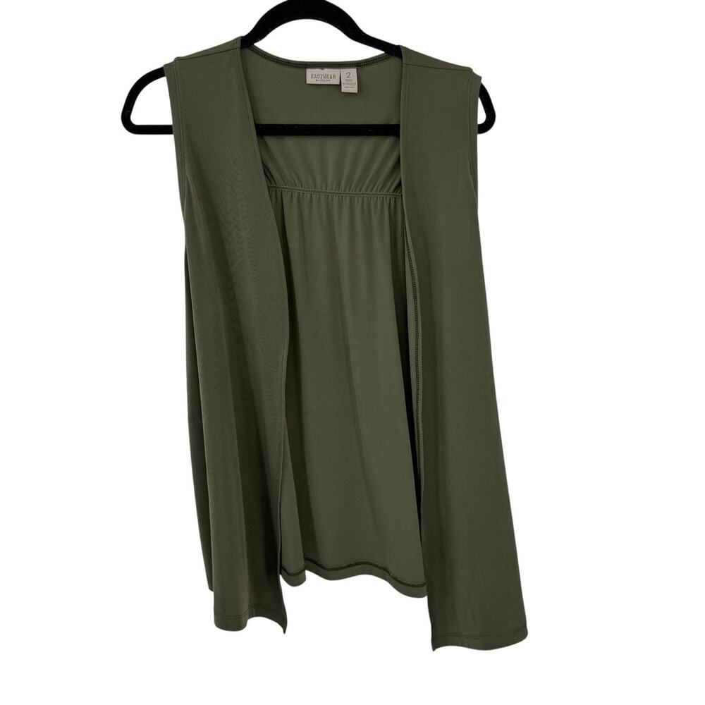 Chicos 2 Open Cardigan Vest sLarge Slinky Knit Olive Green Pockets Minimalist